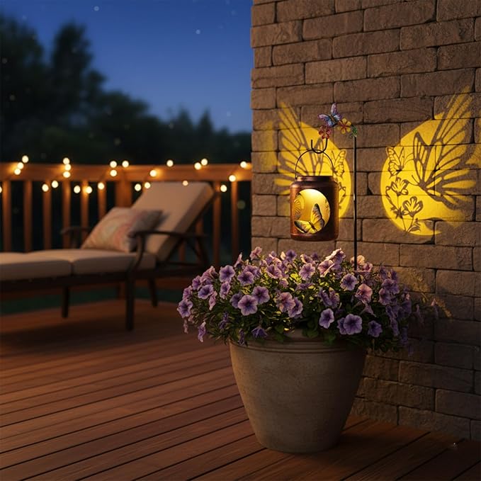 Solar Lanterns Outdoor Waterproof Metal Butterfly Patterns with Resin Butterfly Inside Garden Decor Gifts for Women Mom Grandma Hanging Solar Lights Decoration Outside for Yard, Patio, Backyard, Porch