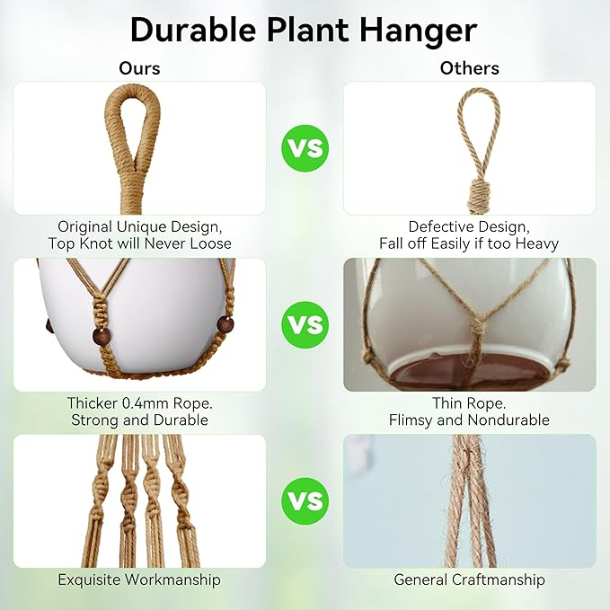 USLAI Macrame Plant Hanger Indoor Outdoor, Up to 4-15 inch Pot, Heavy 20lb Planters, Extra Long Strong Hanging Planter Basket, Boho Home Decor, 35 Inch, Brown, Set of 2 (POTS NOT Included)