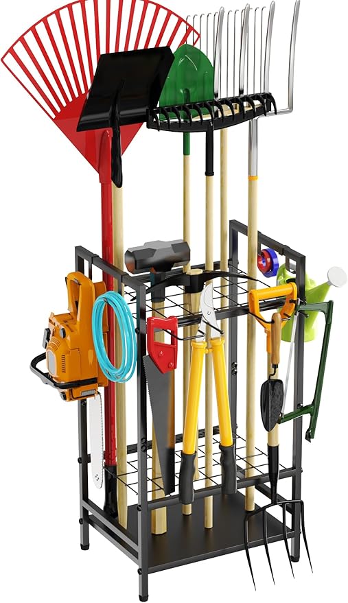 VGMiu Garden Tool Organizer for Garage, Yard Tool Rack, Holds Up to 36 Long-Handled Tools, Black Metal Garden Tools Rack Storage with Hooks for Yard Shed Garage Organization