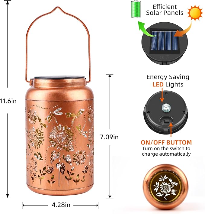Sunflower Solar Lanterns Outdoor Waterproof Hanging Dragonfly Solar Lights Metal Decorative LED Lanterns Outside Gifts for Women Men Mom Decor for Garden,Yard,Patio,Lawn