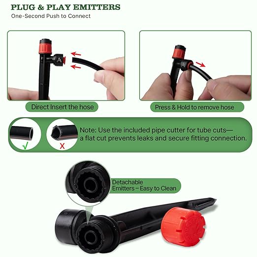 A ANLEOLIFE 100FT Drip Irrigation System Kit, Quick-Connect Garden Watering System with 1/2” & 1/4” Tubing, Y Splitter, 22 Adjustable Emitters & Nozzles for Garden Beds, Greenhouse, Yard