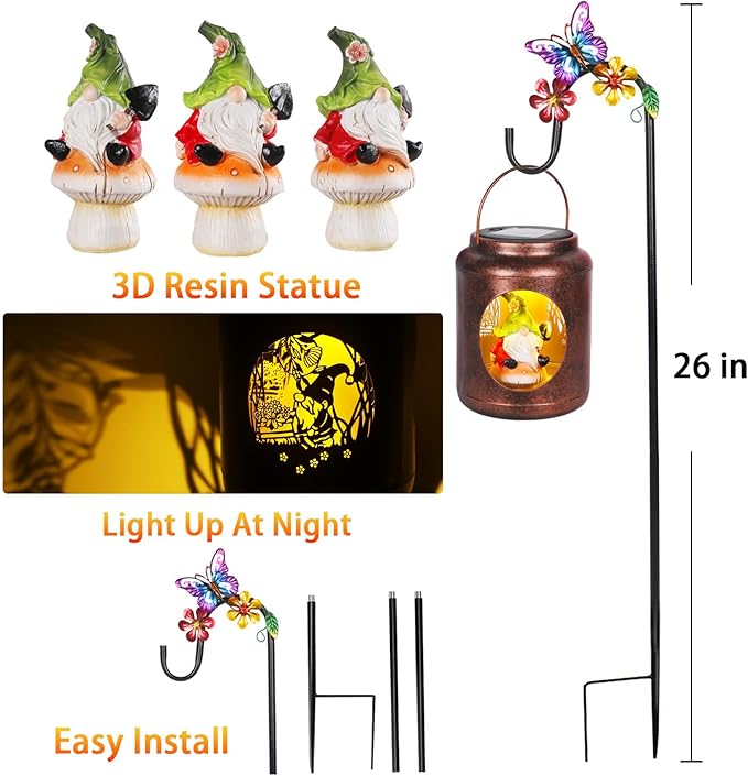 Solar Lanterns Outdoor Waterproof Metal Gnome Patterns with Resin Gnome Inside Garden Decor Gifts for Women Mom Grandma Hanging Solar Lights Decoration Outside for Yard, Patio, Backyard, Porch