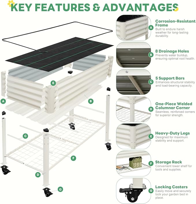 STBoo Elevated Raised Garden Bed with Legs and Wheels- 48''x24''x32'' Galvanized Metal Standing Planter Boxes Outdoor with Bottom Storage Shelf for Backyard, Patio, Balcony, Vegetables, Flowers, White