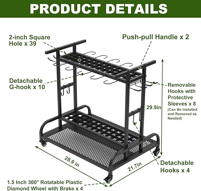 YAGEANNL Garden Tool Organizer with Wheels, Large Capacity Garage Tool Rack with Hooks, for Broom, Shovel, Long Handled Tools, Metal Yard Tool Organizer for Garage, Shed, Outdoor