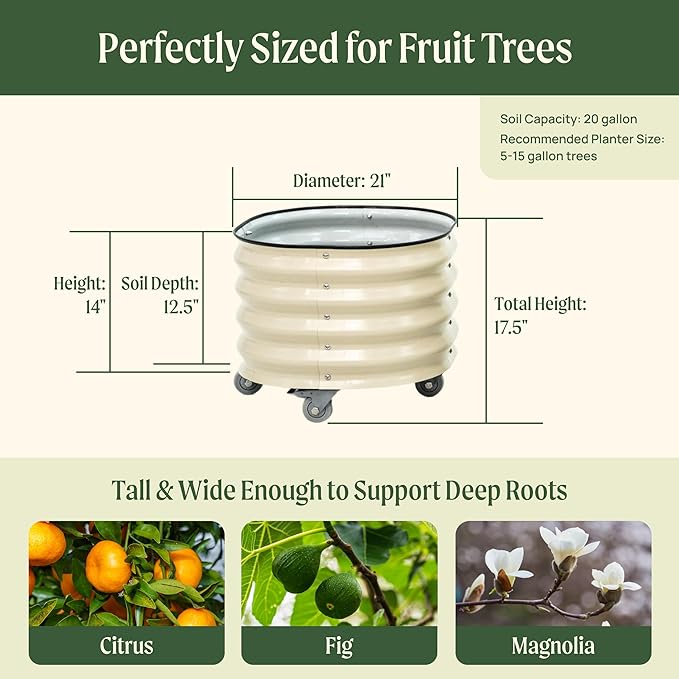 Rolling Metal Citrus Tree Planter Pot, 21″ Round Planter Box for Porch Patio & Backyard, 20 Gallon Large Planter Pot with Wheels for Growing Trees Tomatoes Vegetables and Flowers, Modern Gray