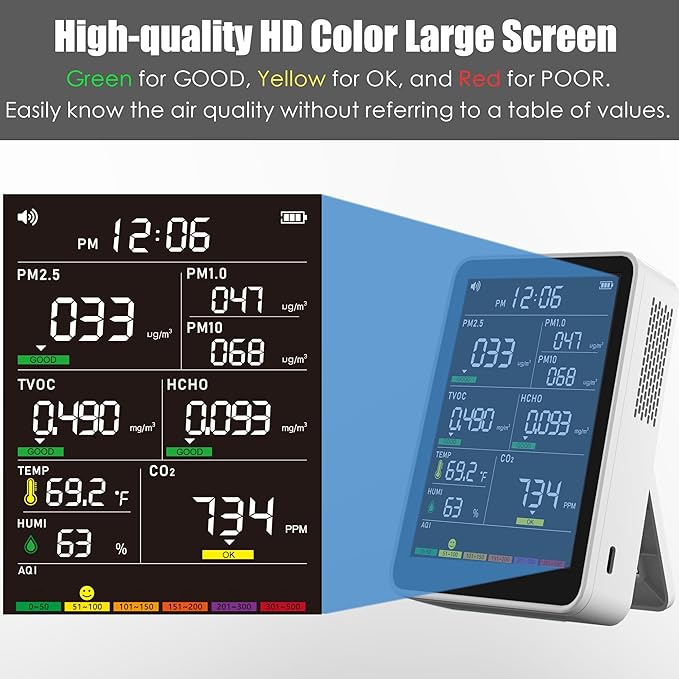 Professional Indoor Air Quality Monitor with AQI, Portable Real-Time Detector for Home Cars Plants and Pets (White)