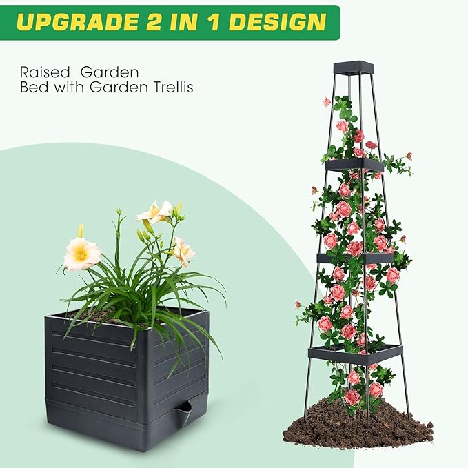 4 Pack Raised Garden Bed Planter Box with Trellis, 57" Self-Watering Tomato Cage Planters for Climbing Plants Vegetable Vine Flowers Outdoor & Indoor (57x9.8x9.8IN)