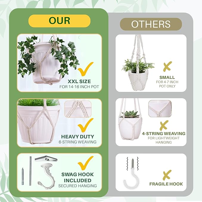 2 Pack Giant XXL 55 Inches Macrame Planter Hanger Large for 15 inch Pot + Swag Hook | Extra Large Hanging Planter for Indoor Plants | No Pot/Plant Included (XXL Jute)