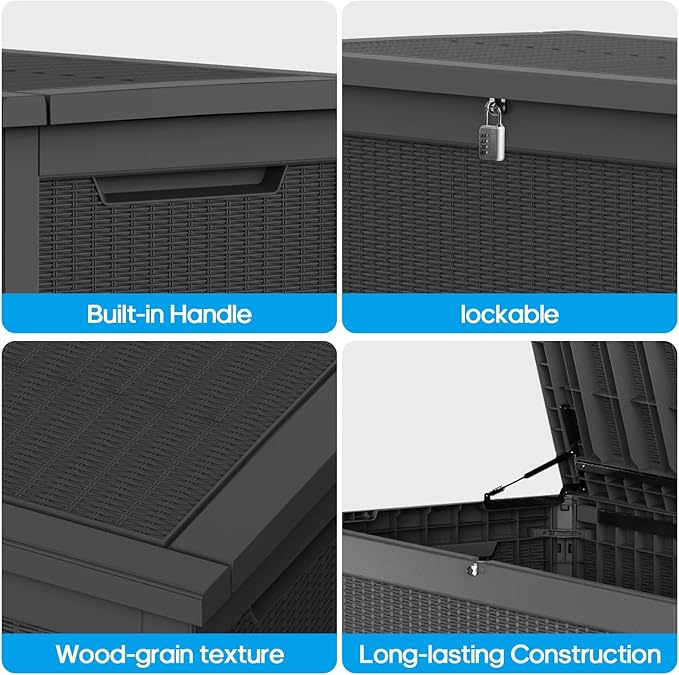 320 Gallon Lockable Resin Outdoor Storage Box, Waterproof & Weather Resistant Deck Box for Patio Cushion, Garden Tools & Pool Accessories, Black