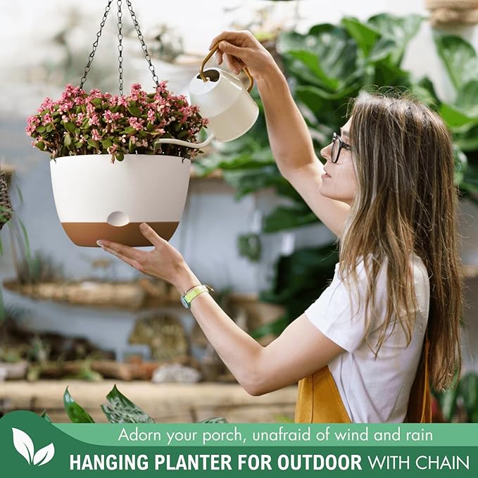 10 Inch Hanging Planters for Indoor Plants,Set of 2 Hanging Pots for Plants with Self-Watering, Outdoor Hanging Plant Pot with Drainage and 2 Kinds of Baskets Hangers for Home Decor and Garden