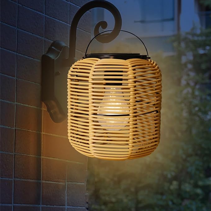 Hanging Solar Lanterns Outdoor Waterproof, 2 Pack Rattan Outdoor Lanterns, Outdoor Solar Hanging Lights, Lantern Lamp Decorations for Outside Yard Garden Pathway Porch Indoor Table Rattan Decor