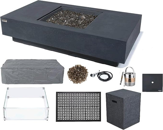 Elementi+ | Monte Carlo Gas Fire Pit Cast Concrete 60" Rectangular Fire Table, Outdoor Fire Pit Electronic Ignition | Canvas Cover, Fire Glass and Burner Lid Included | Light Gray | Propane Gas