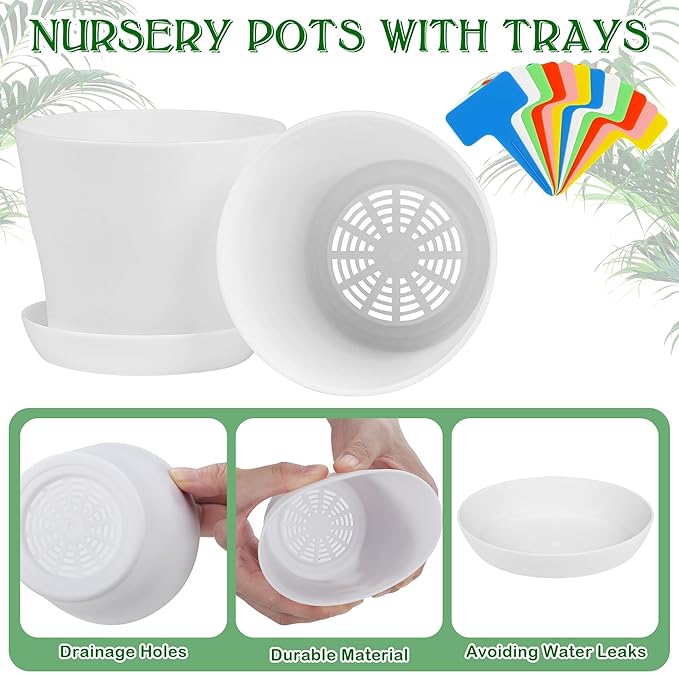 Aodaer 16 Pack 4 Inch Plastic Planters with Multiple Drainage Holes and Tray Indoor Outdoor Flower Plant Nursery Pots with Labels Flower Seedling Pots for Herb Garden Home Succulents, White