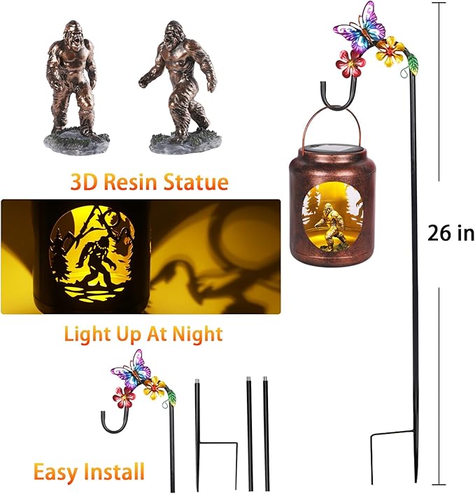 Solar Lanterns Outdoor Waterproof Metal Bigfoot Patterns with Resin Bigfoot Inside Garden Decor Gifts for Women Mom Grandma Hanging Solar Lights Decoration Outside for Yard, Patio, Backyard, Porch