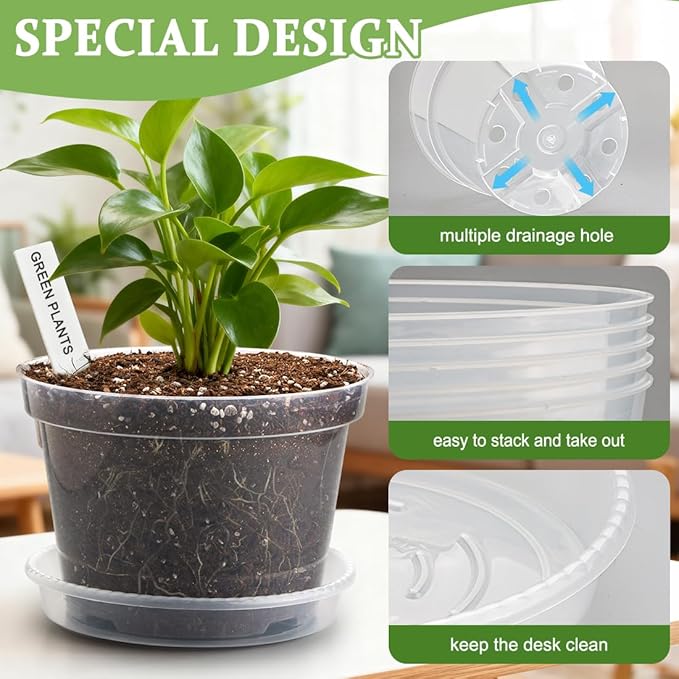 12 Pack 10/8/6 Inch Clear Nursery Pots with Saucer, Plant Label, Gardening Gloves, Transparent Sturdy Plastic Plant Pots with Drainage Hole, Plant Starter Pots for Planting Seedling Herb Vegetable