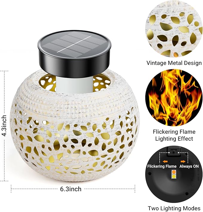 Solar Lanterns Outdoor Waterproof Table Lights: Upgraded Flickering Flame Solar Lights, White Metal Decorative Lantern Gifts for Women Mom, Garden Yard Balcony Indoor Tabletop Decor(2 Modes)
