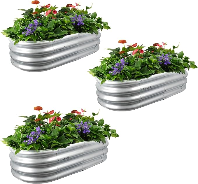3-Pack 4 * 2 * 1FT Raised Garden Bed Kits, Outdoor Oval Metal Galvanized Ground Planter Garden Boxes for Planting Plants Vegetables Flowers Herbs Fruits, Silver