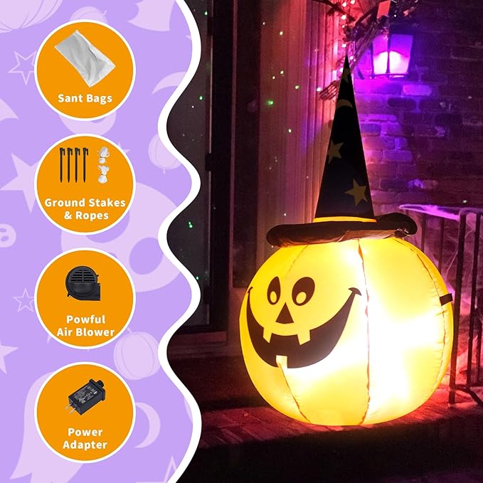 TRMESIA 3.5FT Halloween Inflatable Pumpkins Wear Witch Hats Decorations with Lights, Indoor Outdoor Yard Blow up Decoration Christmas Holiday Addition