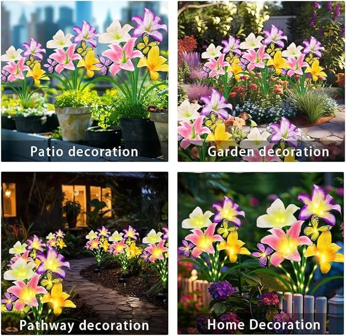4 Pack Solar Garden Lights LED Solar Lilies Flower Lights, Yard Patio Pathway Decoration High Flexibility Copper Wire Handmade Silk Artificial Flowers Never Wither, Gift for Family Friends