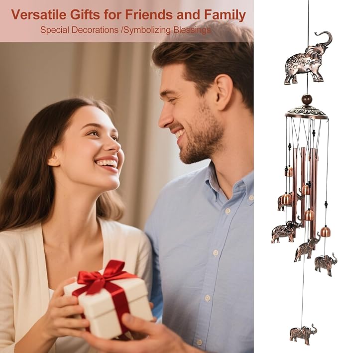 ArtCredit Copper Tone Animal Wind Chimes for Outdoors/Indoors - Elephant Designs - Garden, Patio, Yard, Home Decor, for Women, Men, Mom, Birthday, Memorial, Housewarming (Elephant)