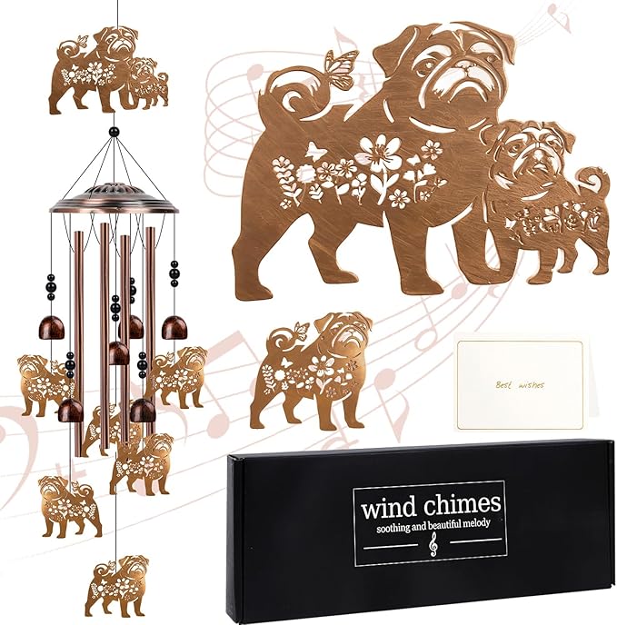 Pug Gifts for Pug Lovers - Pug Gifts Wind Chimes for Women Men, Pet Dog Owners Birthday Housewarming Christmas Festival Present, Wind Chimes for Outside Porch Patio Yard Garden Decor