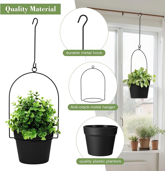 Hushee 10 Packs Metal Hanging Planters for Outdoor Indoor Plants Plant Hanger with 6.3'' Plastic Pots Hanging Planter Basket for Garden Home Porch Decor (Black)