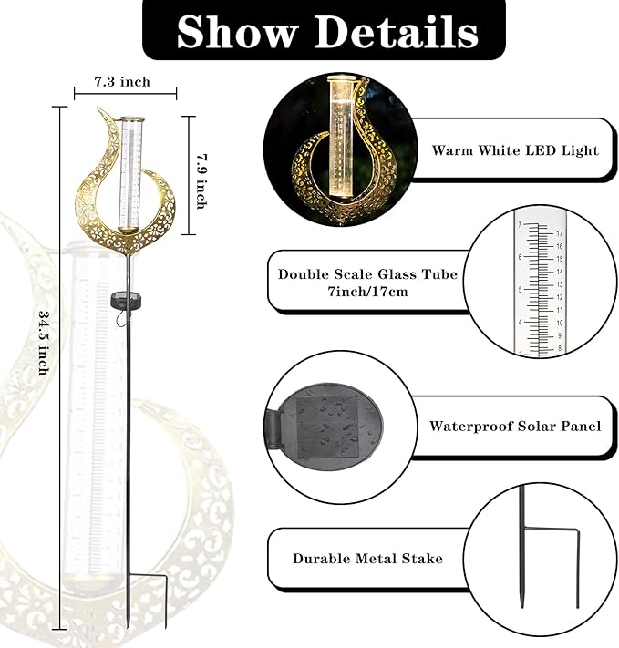 Rain Gauge Outdoor Decorative, Solar Garden Rain Gauge, 7" Capacity Glass Tube Metal Flame Shape for Garden Yard Lawn