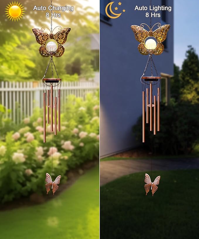 Wind Chimes Outdoor Indoor Decor: Valentines Day Gifts for Her Wife Women Mom Grandma Birthday - Outside Lights for Garden Yard Patio Porch (Butterfly)