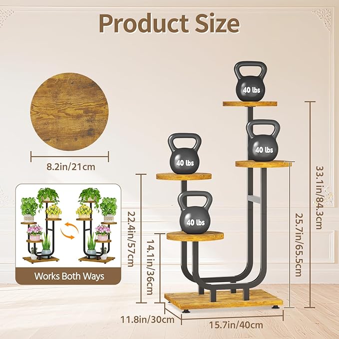 LASZOLA Black 4 Tier Tall Metal and Wood Plant Stand Indoor, Large Heavy Duty Planter Holder Rack for Vertical Corner, Sturdy Iron Spiral Multiple High Flower Organizer for Rustic Patio House Bathroom