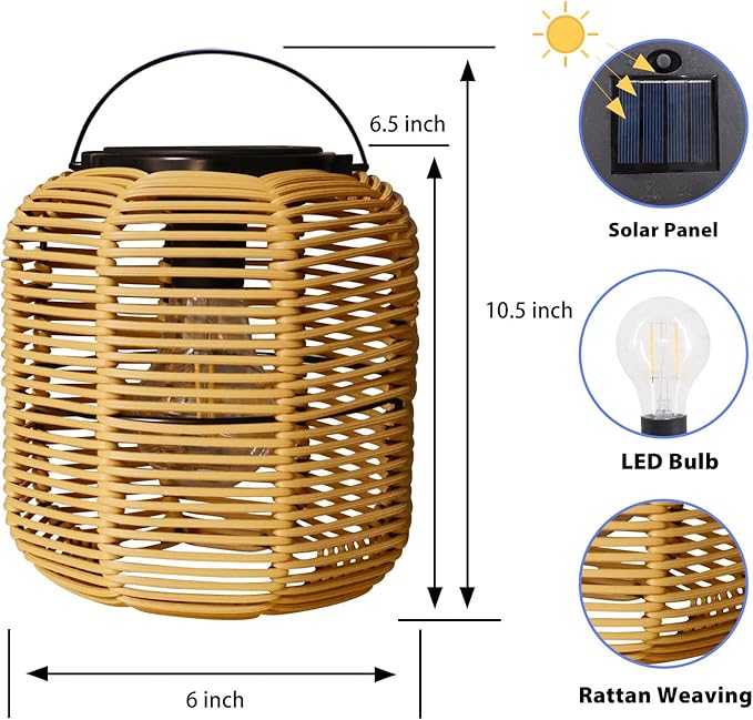 Hanging Solar Lanterns Outdoor Waterproof, 2 Pack Rattan Outdoor Lanterns, Outdoor Solar Hanging Lights, Lantern Lamp Decorations for Outside Yard Garden Pathway Porch Indoor Table Rattan Decor