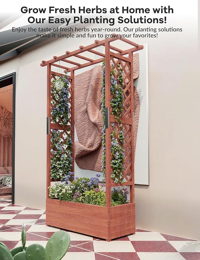 Raised Garden Bed with Trellis and Hanging Roof, Wooden Planter Box with Side Supports and Drainage, Freestanding Elevated Planter for Climbing Plants, Vines, and Flowers, 43x17x72Ft