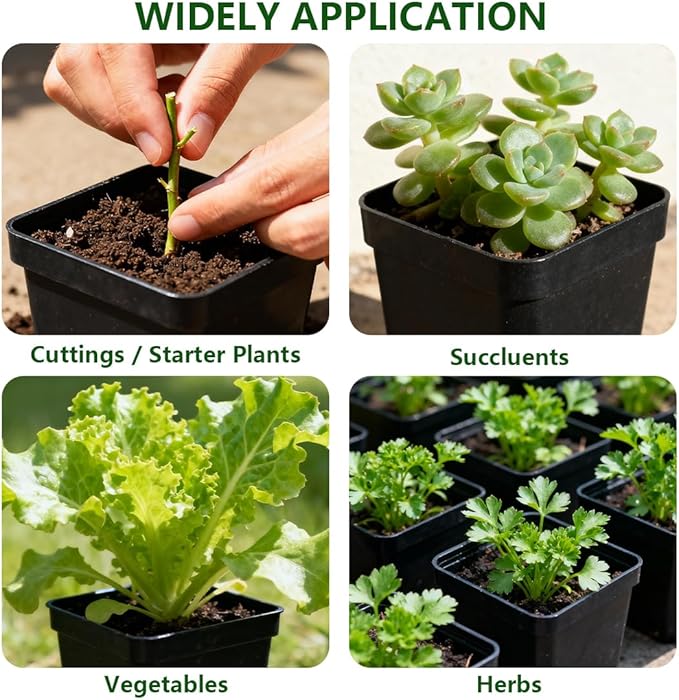 BTPLASTIK Square Nursery Pots 2.7 Inch 180 Pcs, Plastic Seed Starting Pot with Drainage Holes, Sturdy Seedling pots for Planting, Cuttings (Black)