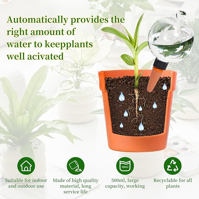 6pcs Plant Self Watering Globes with Covers, Plastic Water Bulbs Top Fill, Plant Watering Devices System Slow Release Terracotta, Water Spikes Stakes for Indoor (6)