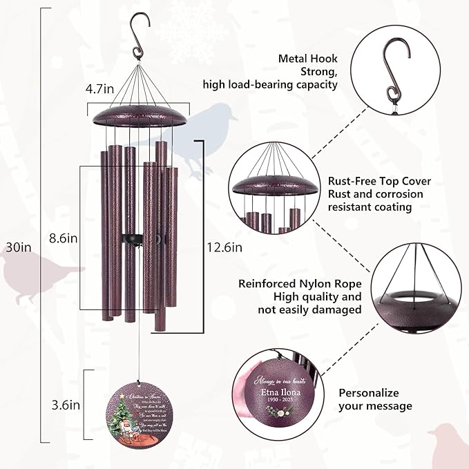 ASTARIN Deep Tone Wind Chimes for Loss of Mother, Personalized Wind Chimes Sympathy Gifts for Memorial Condolence, in Loving Memory of Loved One Windchimes Customized, 30/36/45inch