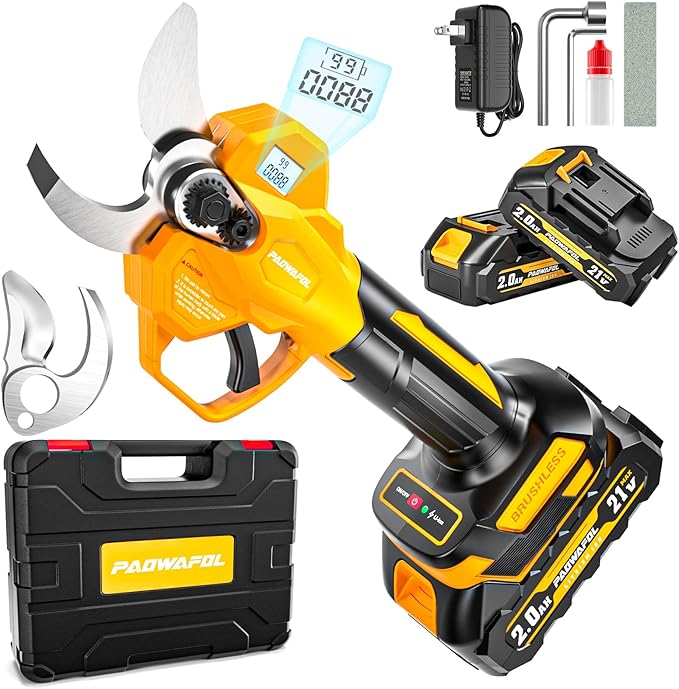 1.6"/ 41mm Electric Pruning Shears, Cordless Electric Scissors LCD Display＆SK7 Blades, 21V Brushless Motor Branch Cutter with 2 PCS Rechargeable 2000mAh Batteries & 2 Blades (Yellow)