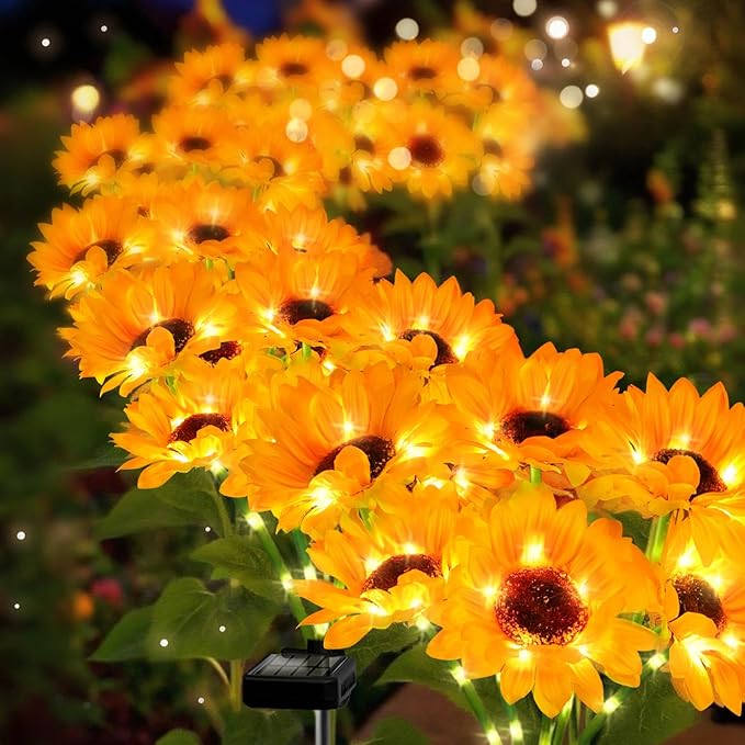 Upgraded Solar Sunflower Lights 1 Pack with 6 Outdoor Decor Flower Lights for Xmas Gift for Mom and Friends, IP65 Waterproof Sunflower Garden Stake Lights for Yard Patio Lawn Pathway (Warm White)