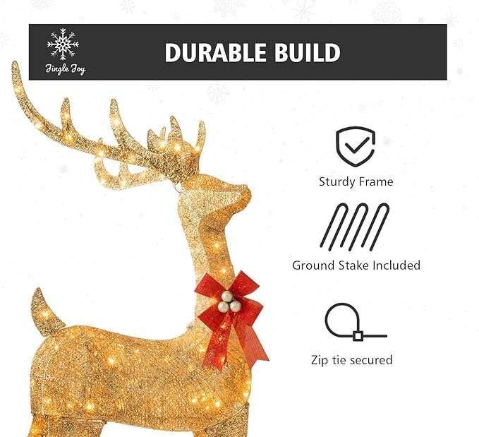 Jingle Joy 3-Piece Large Lighted Christmas Deer Family Set 5Ft Outdoor Yard Decoration with 210 LED Lights, Stakes, Zip Ties (Gold)