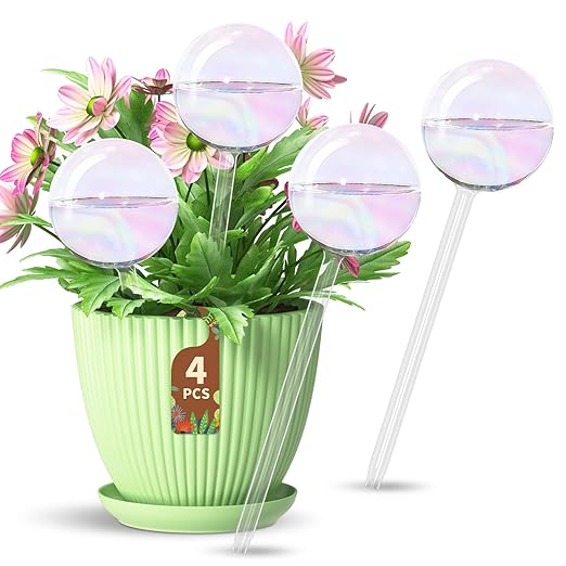 LASZOLA 4 Pcs Rainbow Glass Plant Self-Watering Globe for Indoor Outdoor, House Water Bulb for Small or Large Flower Pot, Iridescent Transparent Decorative Plant Dispenser Ball, Perfect for Vacation