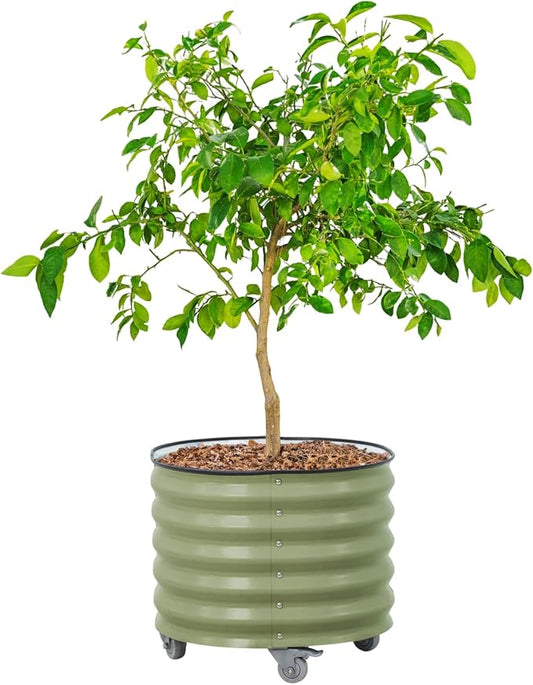 Rolling Metal Citrus Tree Planter Pot, 24″ Round Planter Box for Porch Patio & Backyard, 30 Gallon Large Planter Pot with Wheels for Growing Trees Tomatoes Vegetables and Flowers, Olive Green