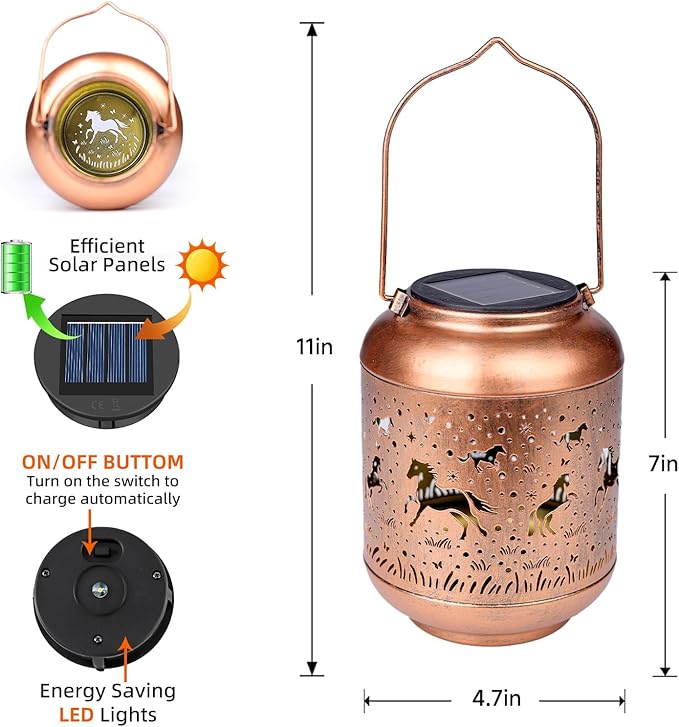 Horse Solar Lanterns Outdoor Waterproof,Horse Garden Decor Birthday Gifts for Women Men Mom Hanging Solar Lights Metal Decoration Outside for Yard，Porch, Patio, Pathway, Landscape, Backyard
