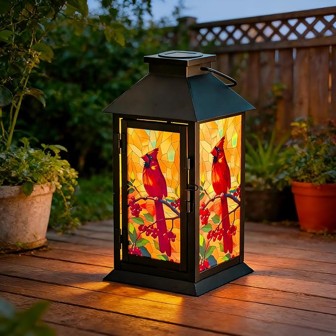 Cardinal Solar Memorial Lanterns, Outdoor Hanging Lanterns Waterproof LED Solar Cardinal Lights for Outdoor Patio Garden Sympathy Gifts for Loss of Mom Dad Loved One