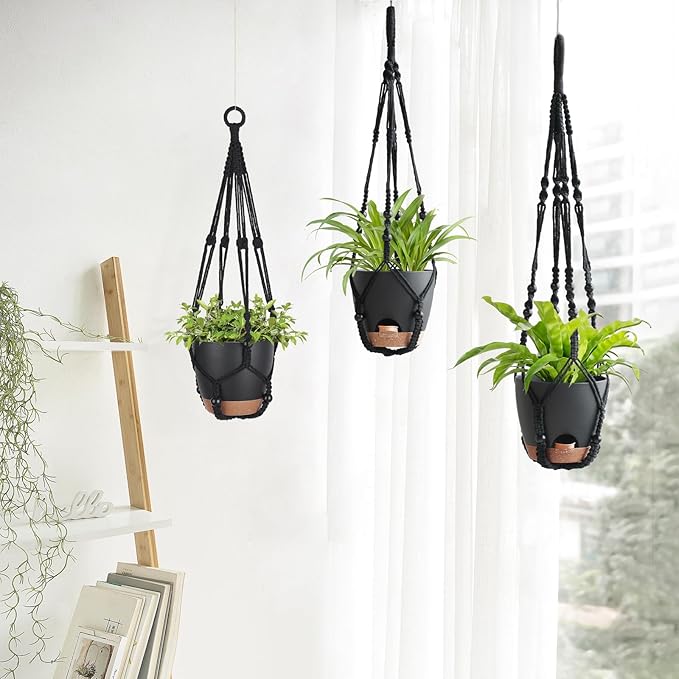 Mkono Hanging Planters, Macrame Plant Hangers with Self Watering Plant Pots Indoor Set of 3 Hanging Baskets Flower Pot Holders with Hooks No Tassels 3 Different Size for Boho Home Decor
