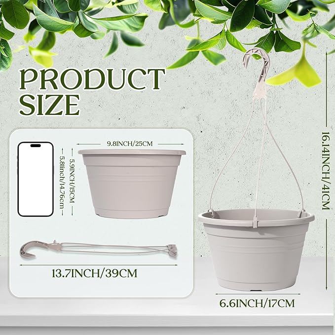 VIDELLY 4 Pcs Hanging Planters,10" Hanging Pots Plastic Hanging Flower Plant Basket Pots with Drainage Trays & Chain Holder for Outdoor Indoor Plants Garden Balcony Decoration, Light Gray