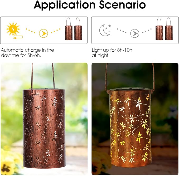 4 Pack Solar Lanterns Outdoor Hanging Lantern Lights, Dragonfly Hollowed-Out Metal Decor Lantern, Waterproof LED Decorative Garden Light - Delicate Garden Decoration for Patio, Yard