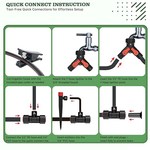 A ANLEOLIFE 100FT Drip Irrigation System Kit, Quick-Connect Garden Watering System with 1/2” & 1/4” Tubing, Y Splitter, 22 Adjustable Emitters & Nozzles for Garden Beds, Greenhouse, Yard