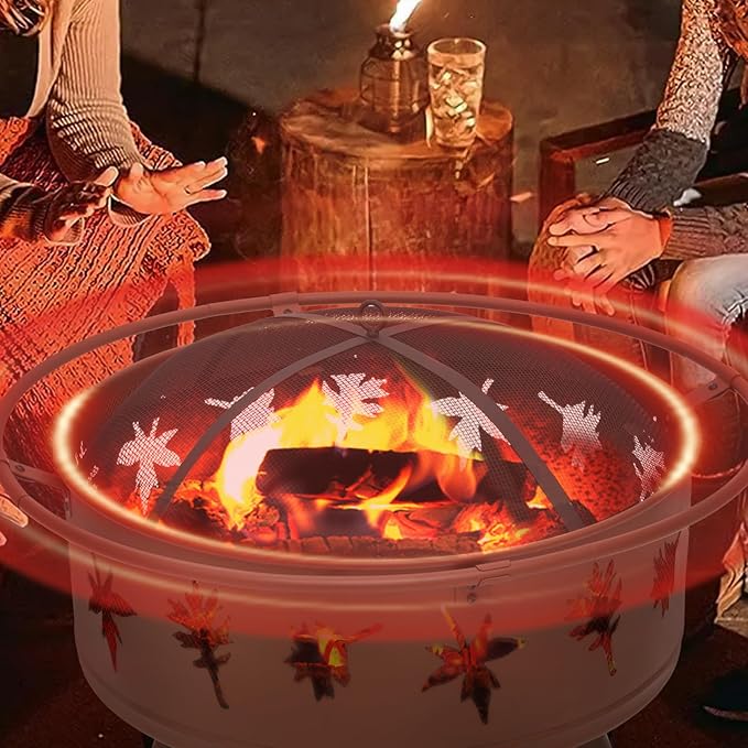 Athena Collection 32 in Fire Pit for Outside Large Wood Burning Firepit Leaf Pattern Iron Firepit Bowl Stove Round Outdoor Fireplace for Camping Heating BBQ Bonfire with Spark Screen Log Grate Poker