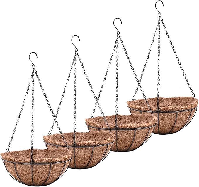 12 inch Metal Hanging Baskets For Plants Outdoor 4 Pack Round Metal Wire Hanging Basket Planter with Coco Fiber Liners Chain Round Wire Plant Holder for Garden, Patio, Deck, Porch Plants Flower Potss