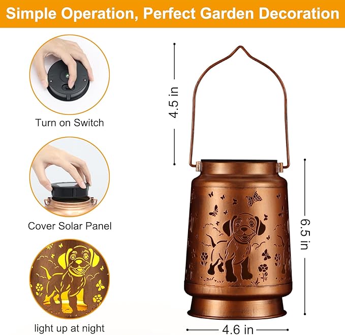 Solar Lantern Outdoor Hanging Waterproof Outside Metal Openwork Hummingbird Pattern Birthday Gifts for Women Mom Landscape Lights for Porch Garden Yard Patio Pathway Decor(Dogs and Butterflies)
