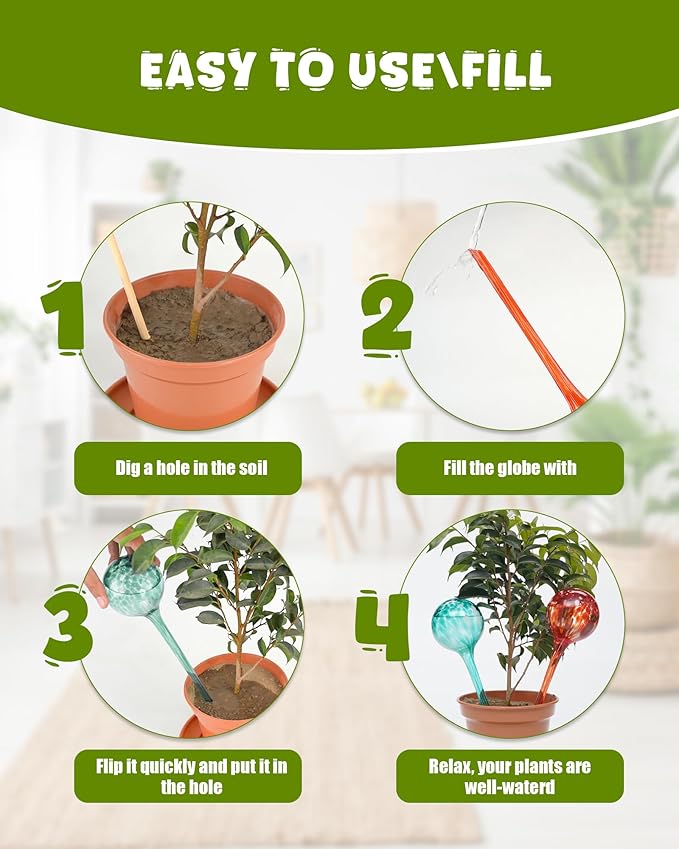 Iridescent Self Watering Globes, Glass Rainbow Plant Watering Globes, Self Watering Planter Insert, Automatic Plant Waterer Indoor (Large-4 Pcs Multi-Color)