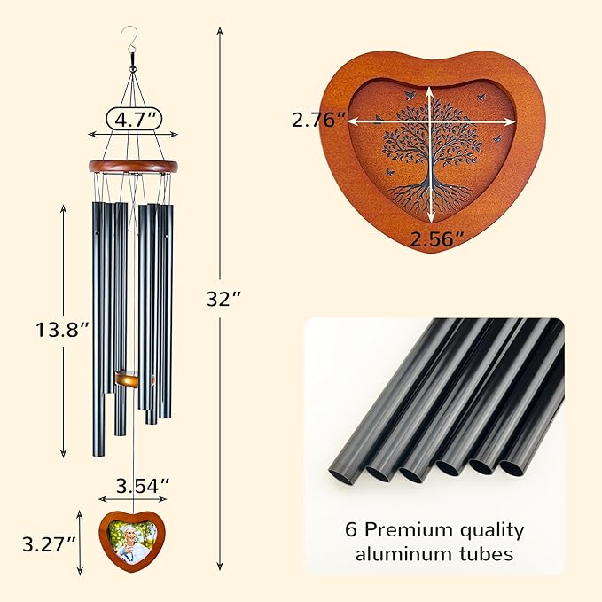 Personalized Memorial Wind Chimes with Photo – 32" Outdoor Bereavement Wind Chimes for Loss of Loved One, in Loving Memory Sympathy Gift, Memorial Garden & Patio Wind Chime Decor